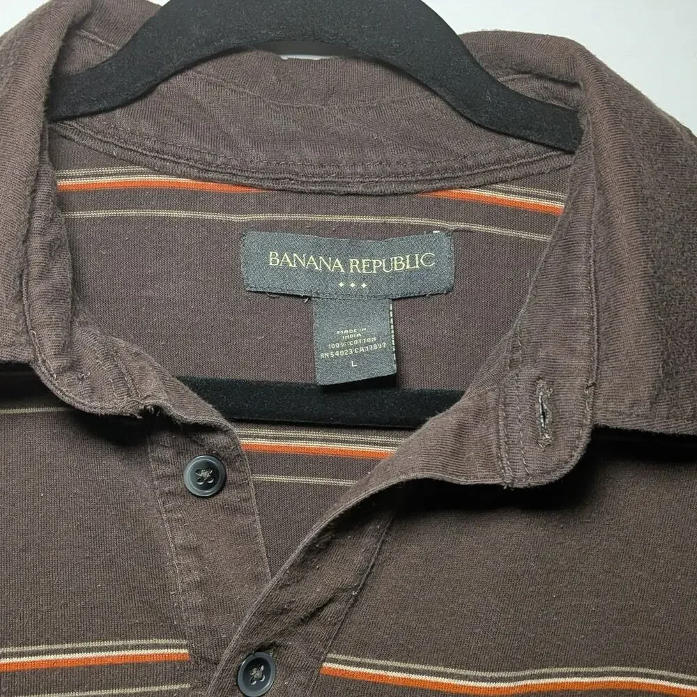 Banana Republic Mens Large Brown Striped Short Sleeve Polo Shirt Cotton Casual